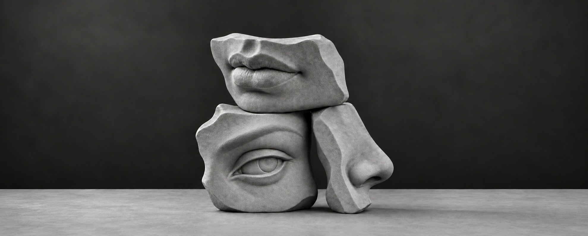 Skulptur mit Auge, Nase und Lippen